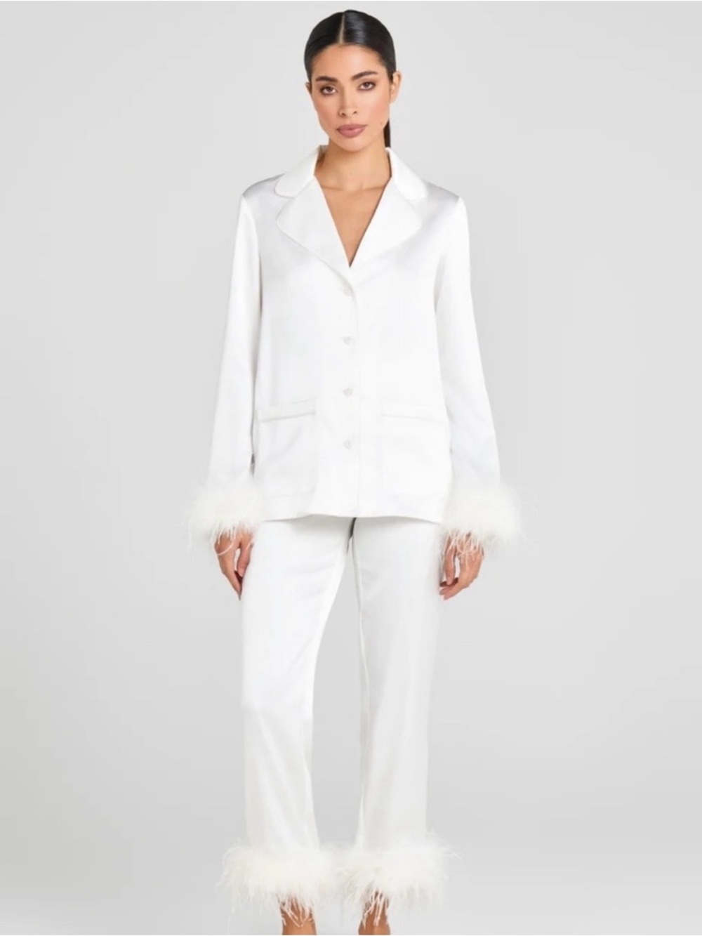 NADINE MERABI White Feather-Trim Satin Pajama Set